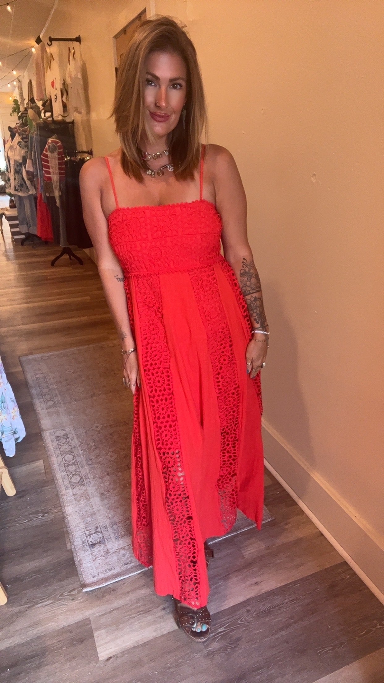 Good Feels Crochet Lace and Crepe Maxi Dress