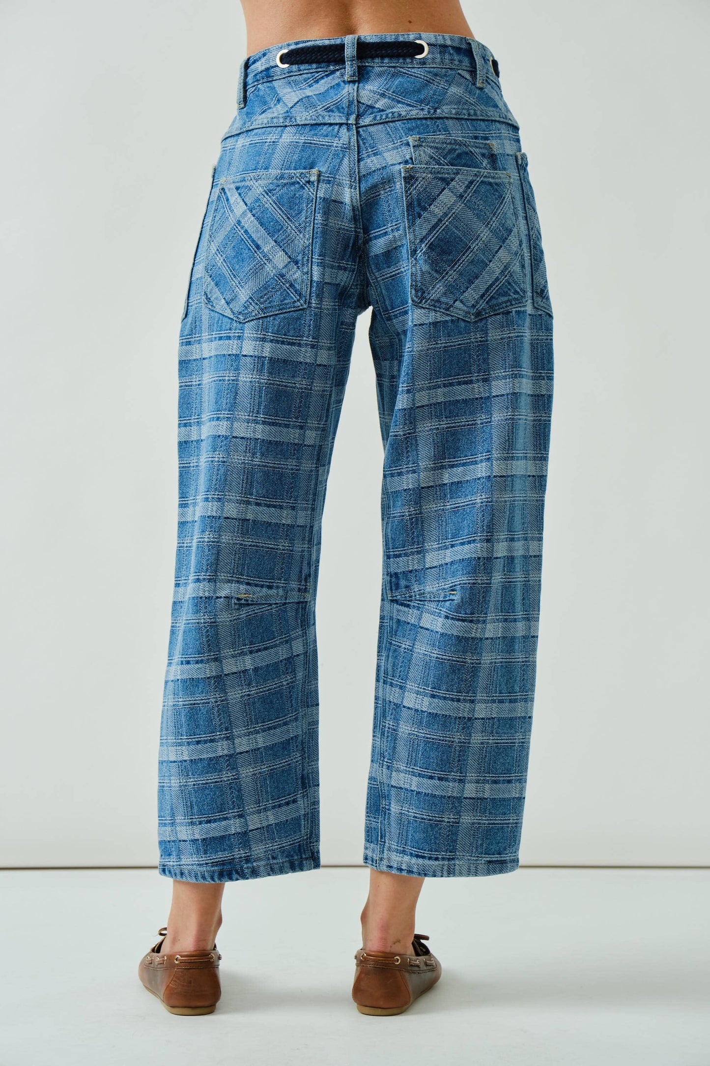 Ivy plaid semi barrel jeans with drawstring