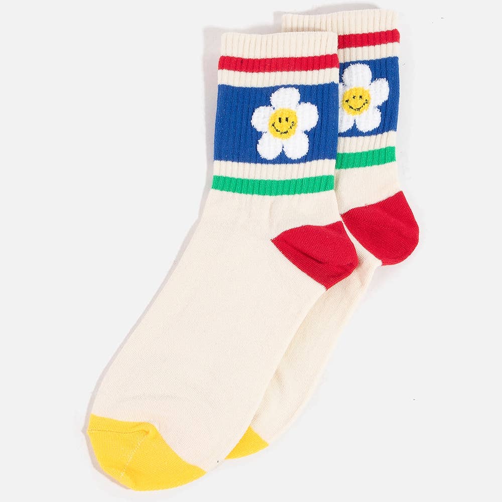 Floral Rainbow Striped Happy Face Socks