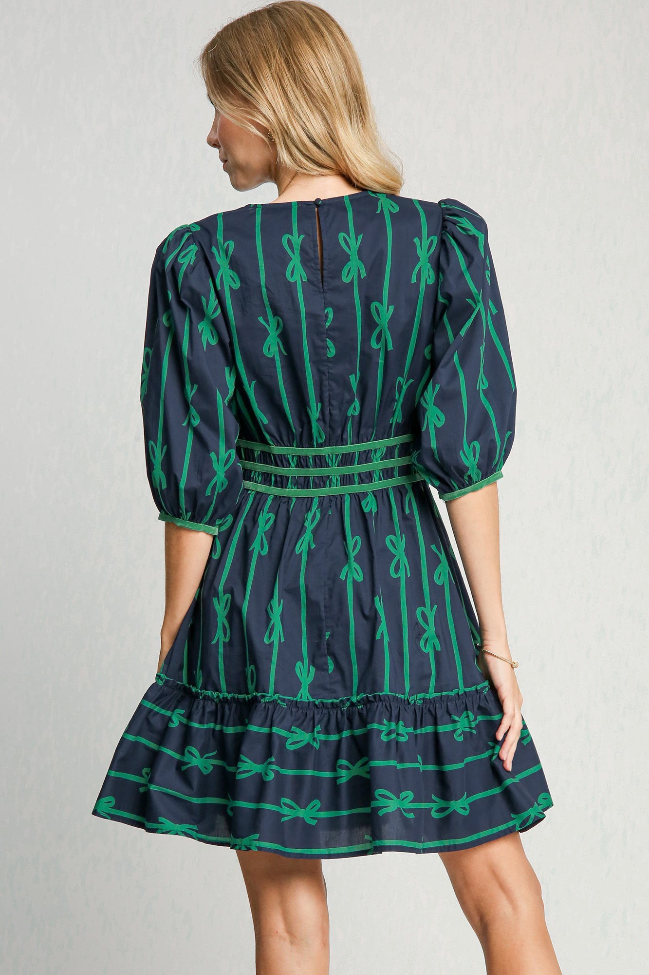 ONLINE EXCLUSIVE  Ribbon Print Frill Contrast Velvet Trim Half Sleeve Dress