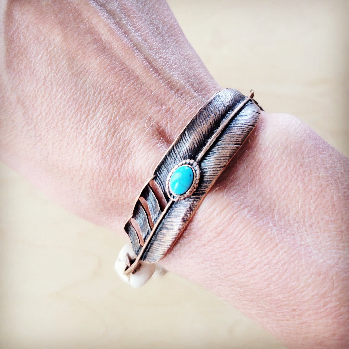 ONLINE EXCLUSIVE White Chunky Turquoise Beaded Bracelet on Copper Feather 810s