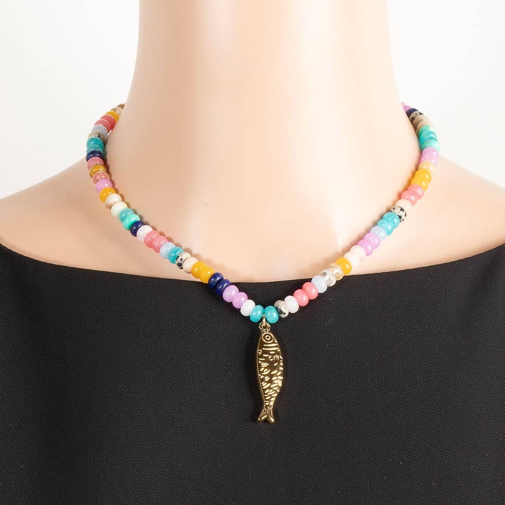 Fish Pendant Assorted Rounded Beaded Necklace
