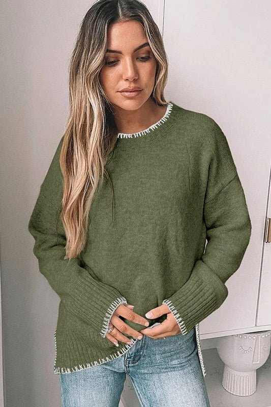 CREW NECK CASUAL LONG SLEEVE SLIT KNITTED SWEATER