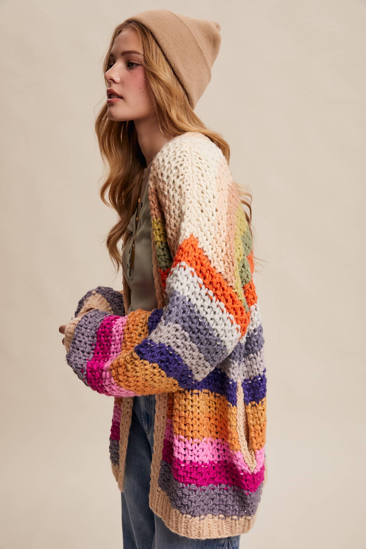 Rainbow Hand-Crochet Open oversized Cardigan