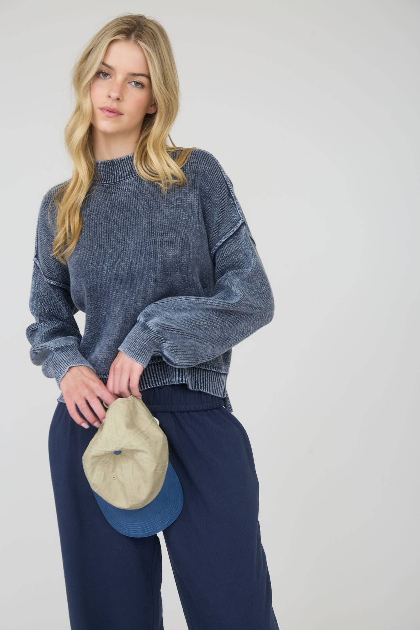 End Game mineral washed knit pullover sweater in navy