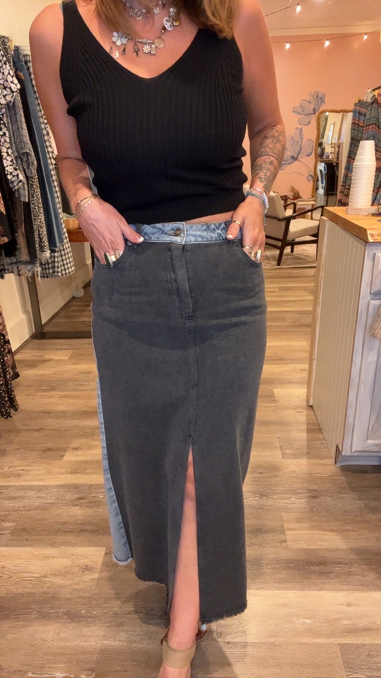 Suzy Front slit two tone denim skirt