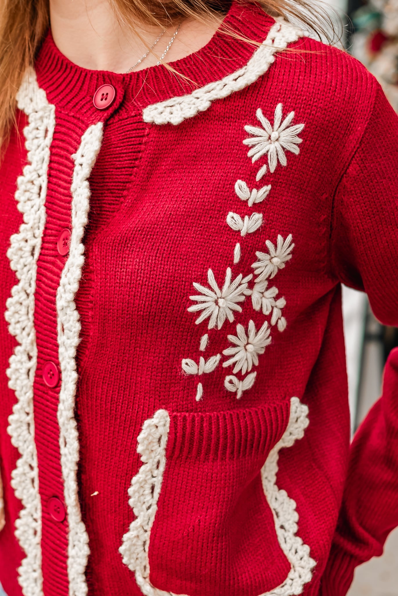 Daisy Embroidered Trim Cardigan Sweater