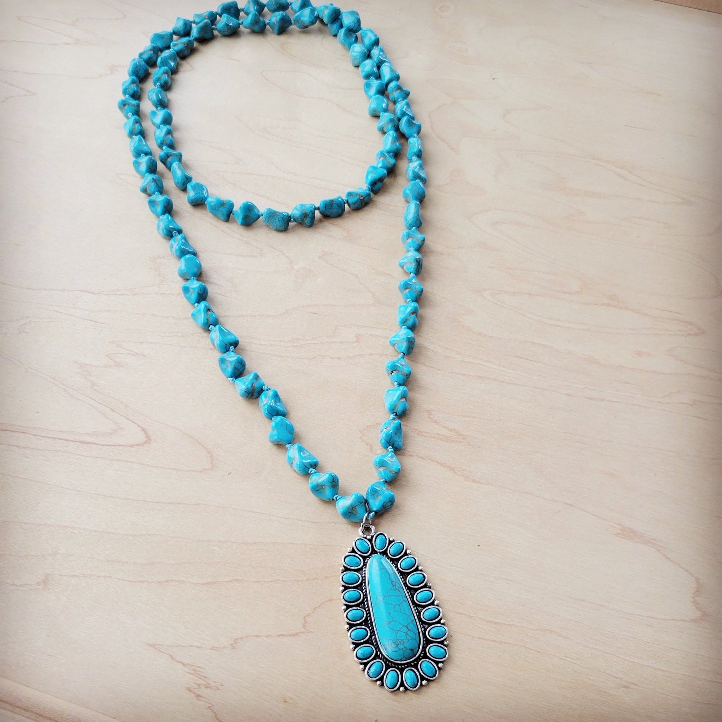 ONLINE EXCLUSIVE Long Western Turquoise Beaded Necklace w/ Squash Blossom Pendant 261w