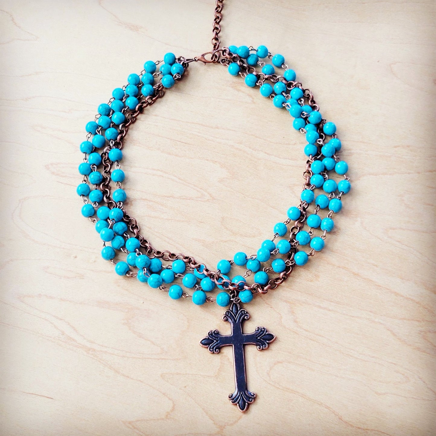 ONLNE EXCLUSIVE Blue Turquoise Beaded Collar Necklace w/ Cross Pendant 260y