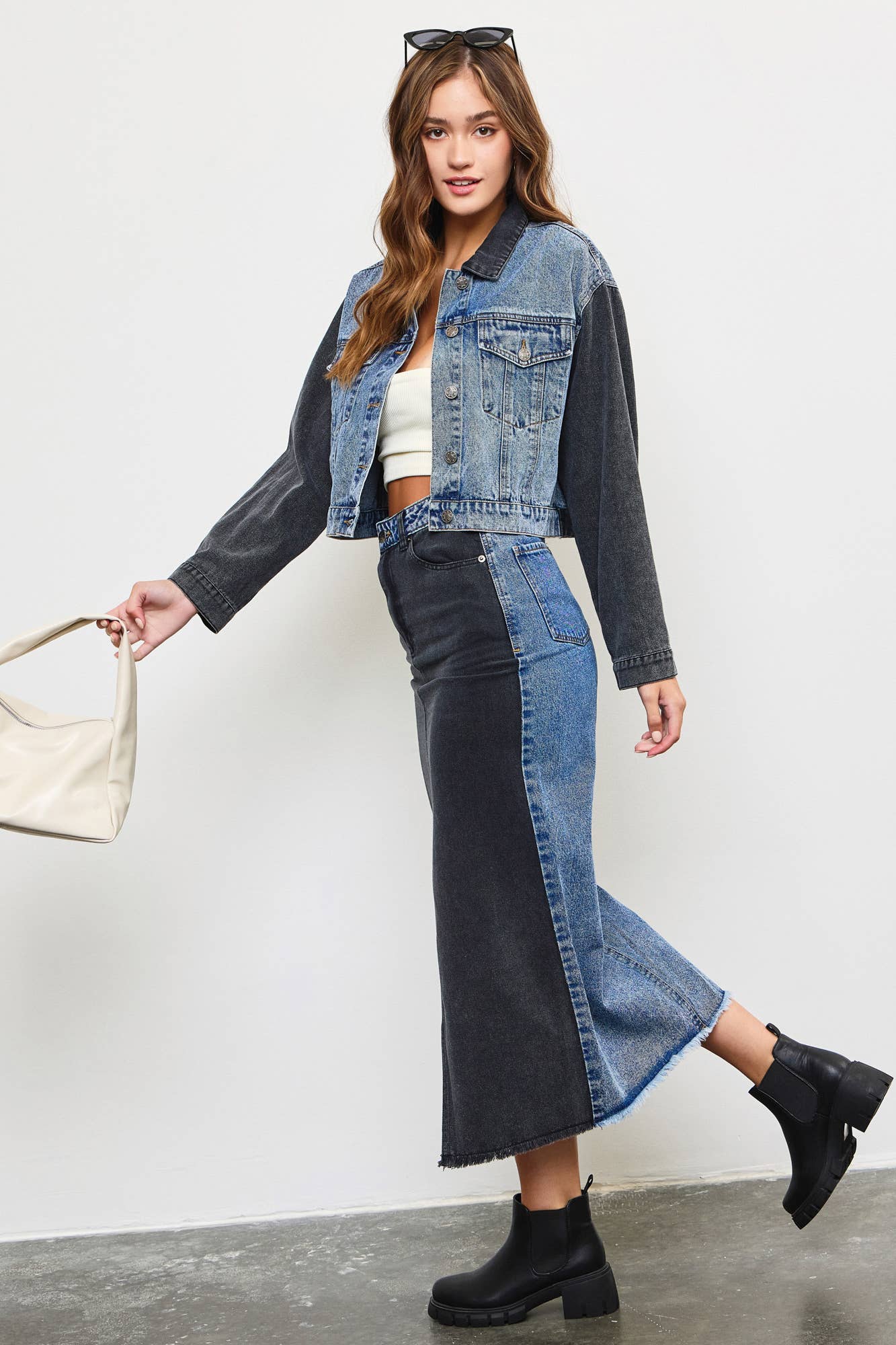 Suzy Front slit two tone denim skirt