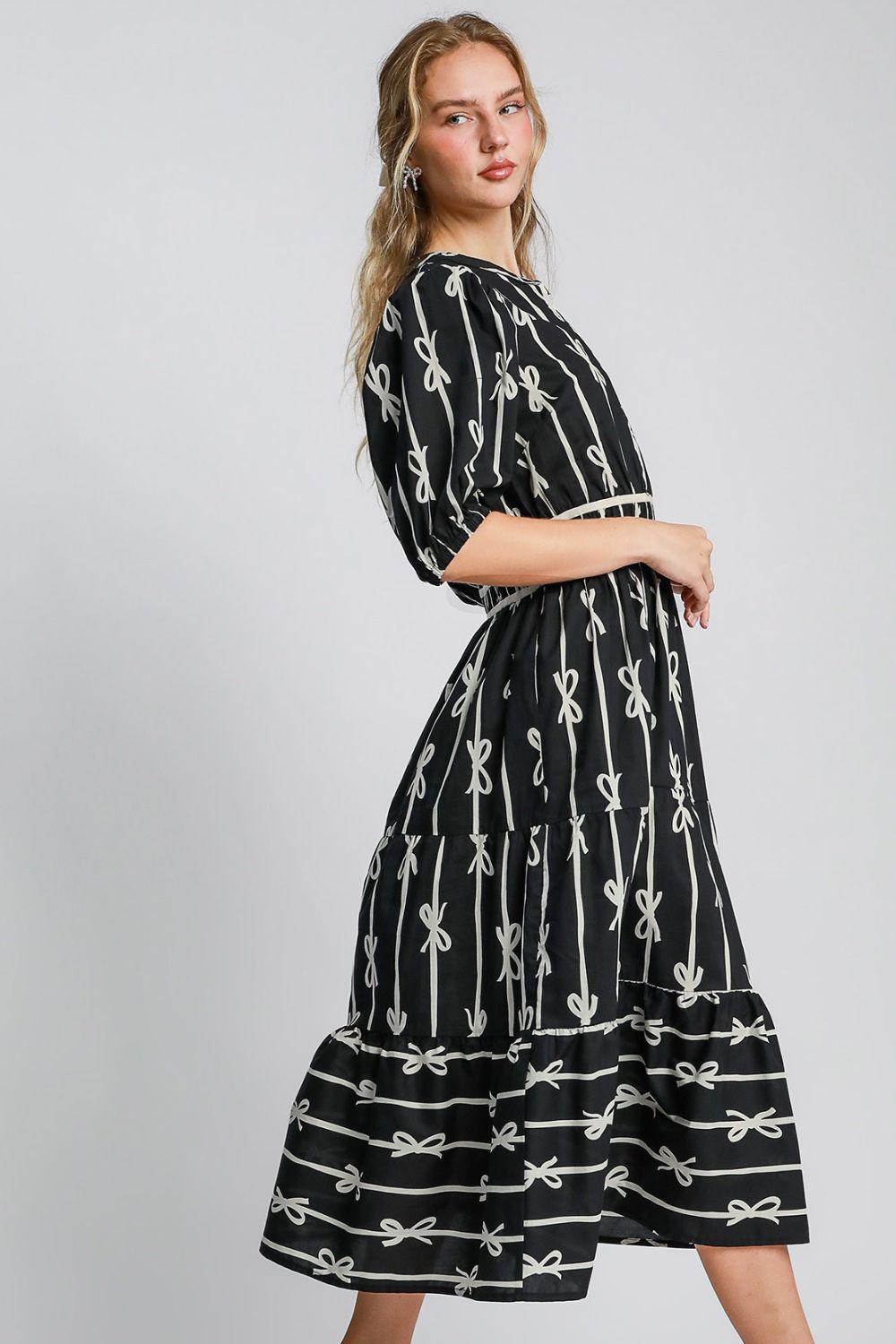 ONLINE EXCLUSIVE Bow Tie Print Notched Contrast Velvet Trim Midi Dress