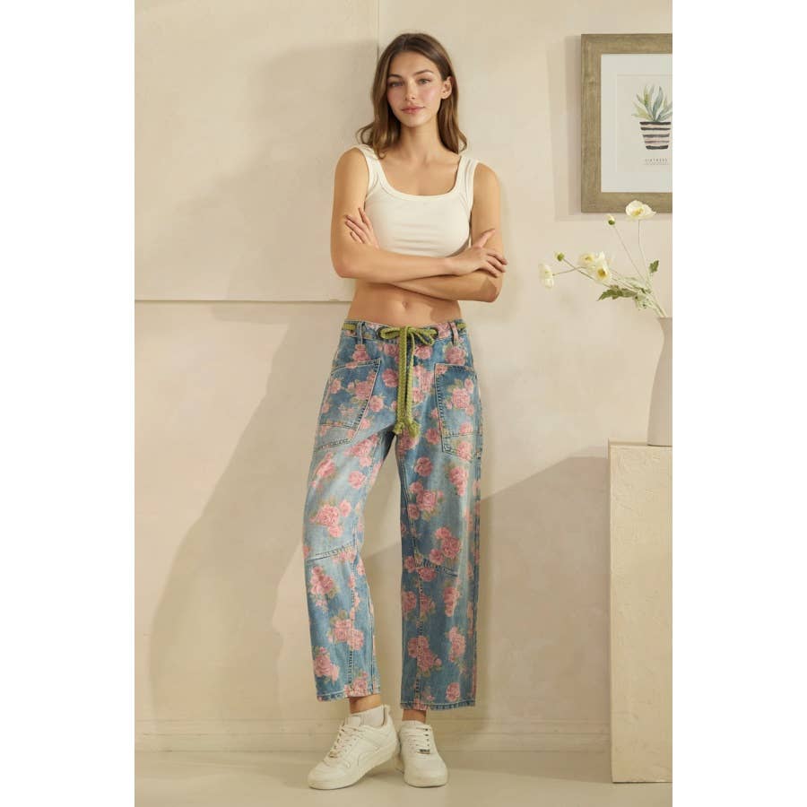 Oli & Hali washed floral print barrel jeans
