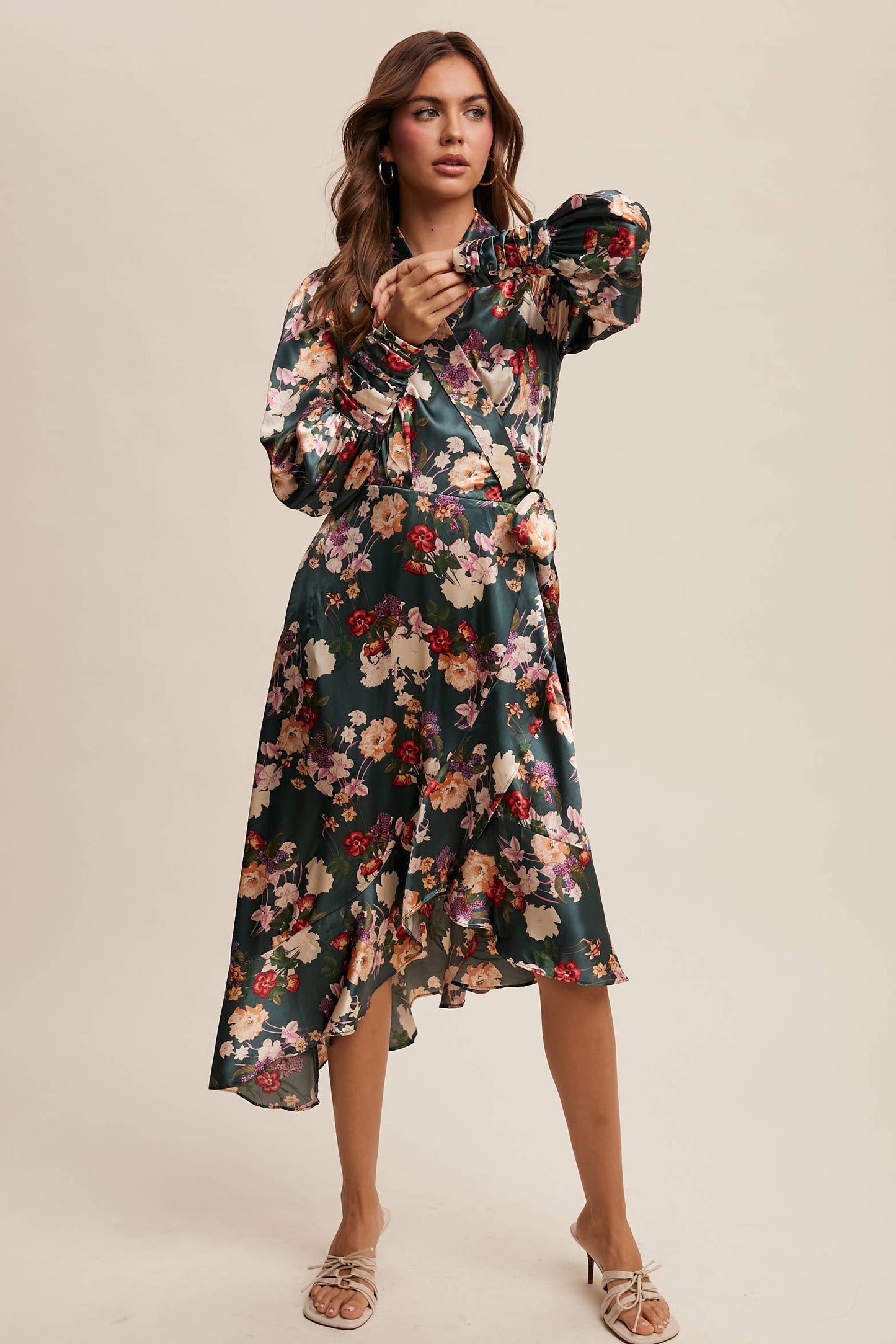 Enchanted Forest Satin Floral Wrap Midi Dress