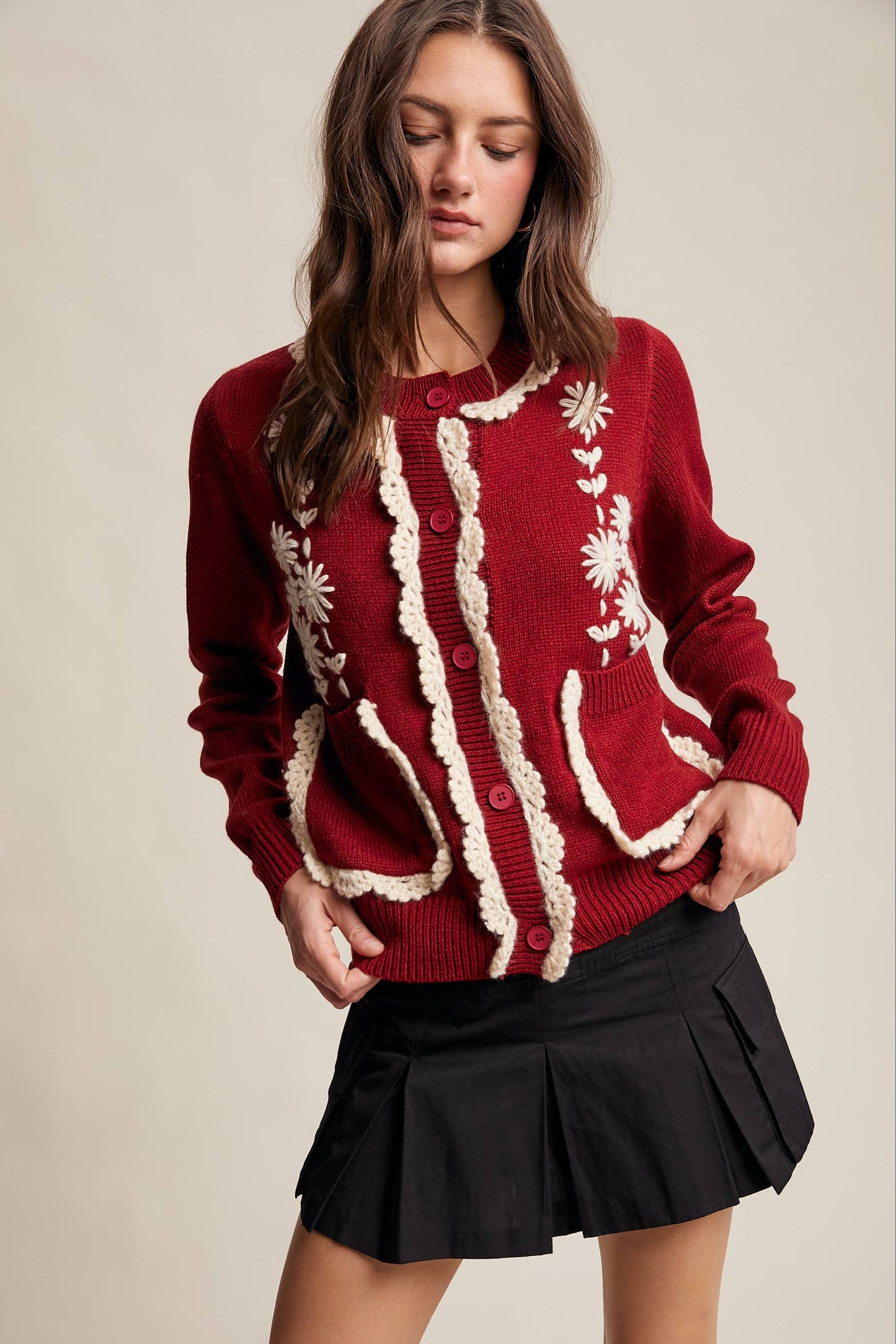 Daisy Embroidered Trim Cardigan Sweater