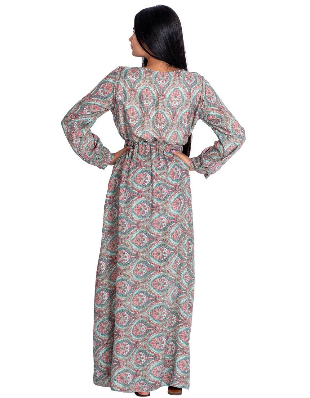 OS 0-16 Handcrafted Silk Blend Deep v maxi dress