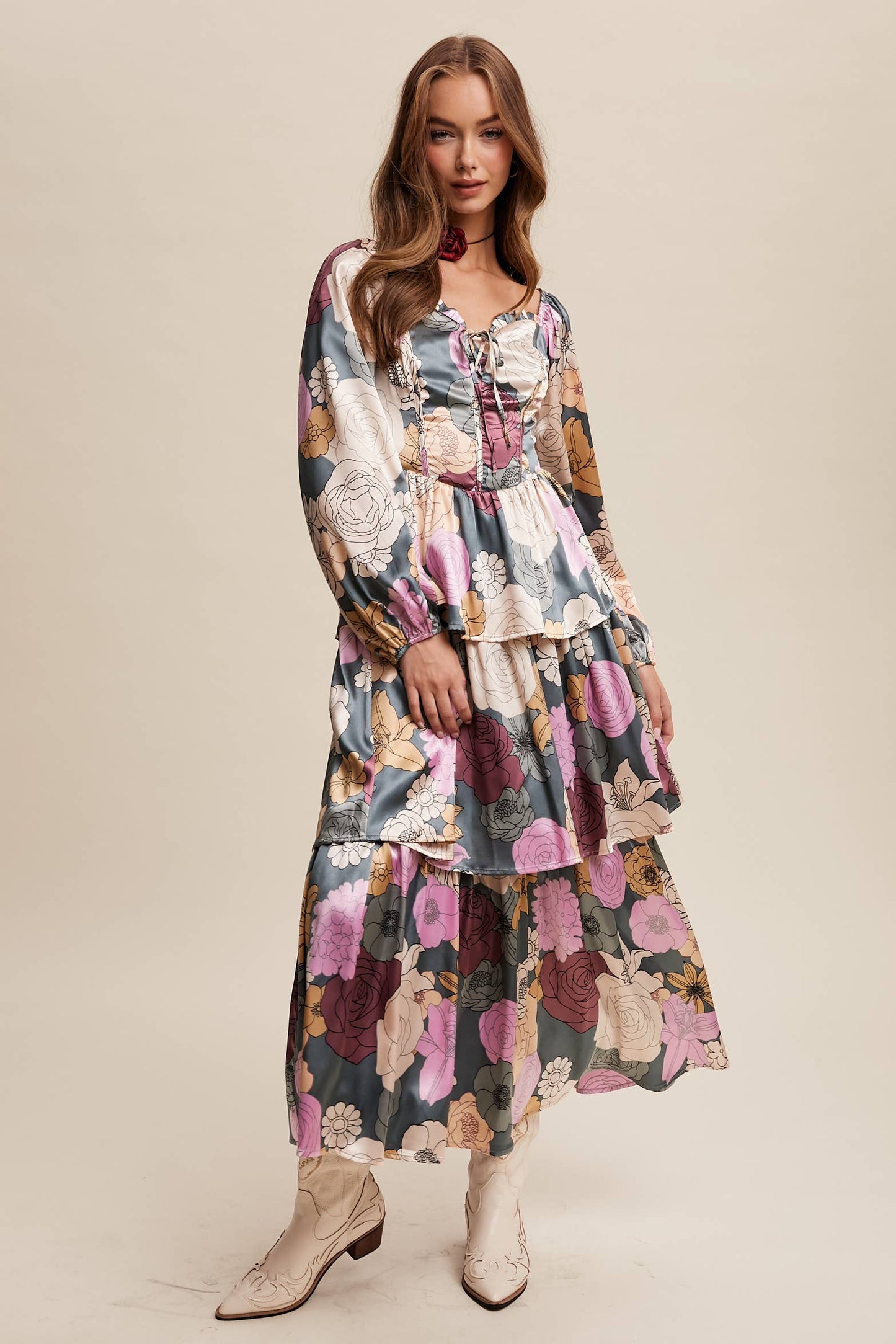 Jewel Floral Lace up tiered maxi Dress