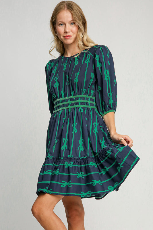 ONLINE EXCLUSIVE  Ribbon Print Frill Contrast Velvet Trim Half Sleeve Dress