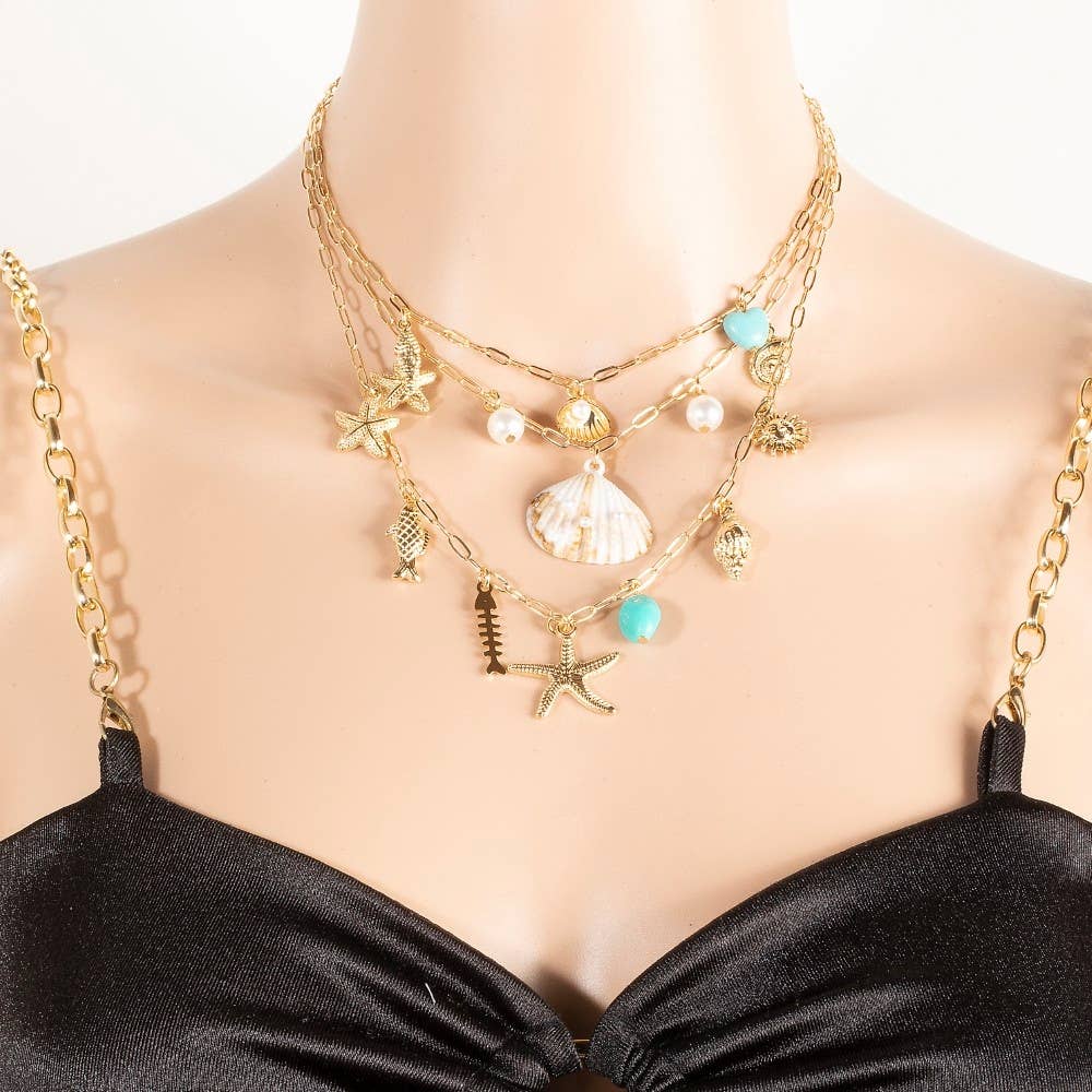 Assorted Sea Life Pearl And Stone Charms Layered Chain