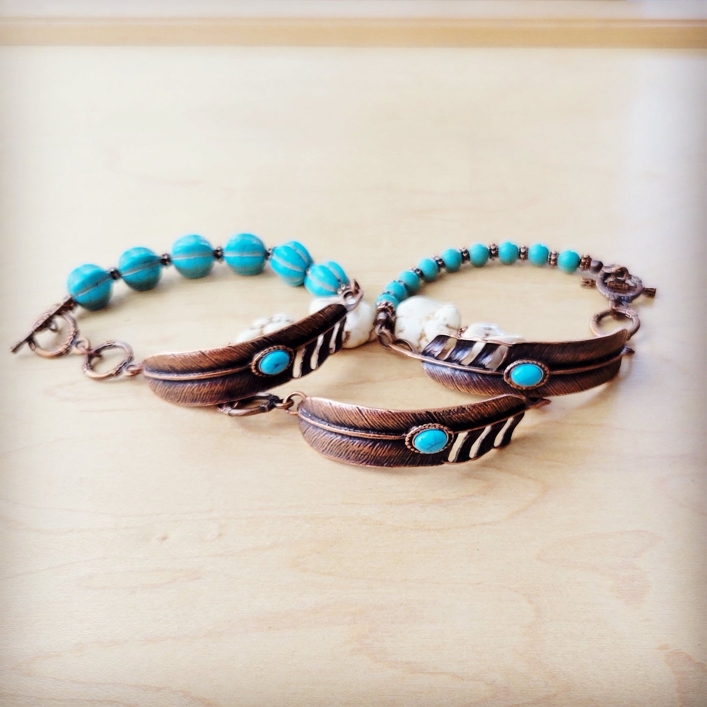 ONLINE EXCLUSIVE White Chunky Turquoise Beaded Bracelet on Copper Feather 810s