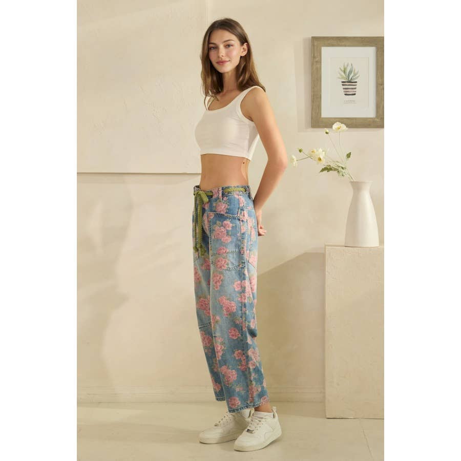 Oli & Hali washed floral print barrel jeans