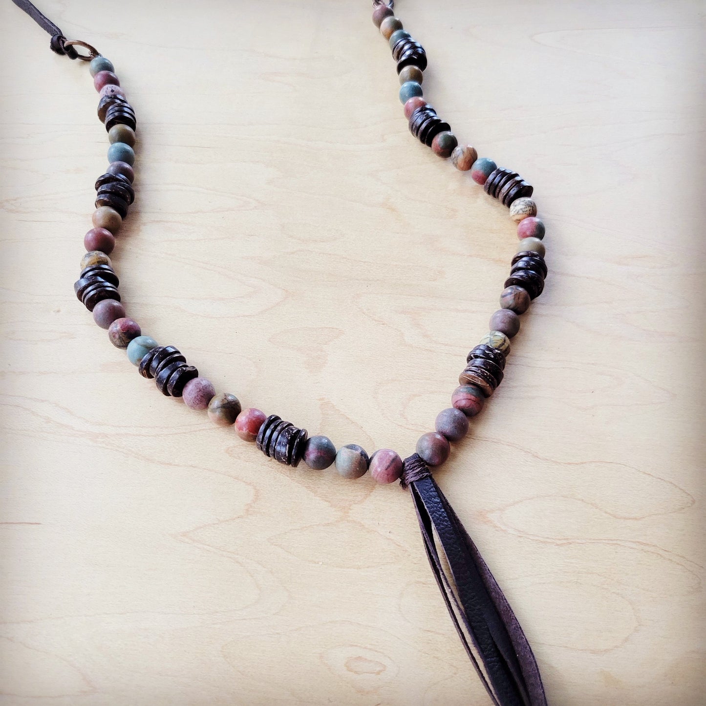 ONLINE EXCLUSIVE Picasso Jasper Necklace with Wood Beads and Leather Tassel 261i