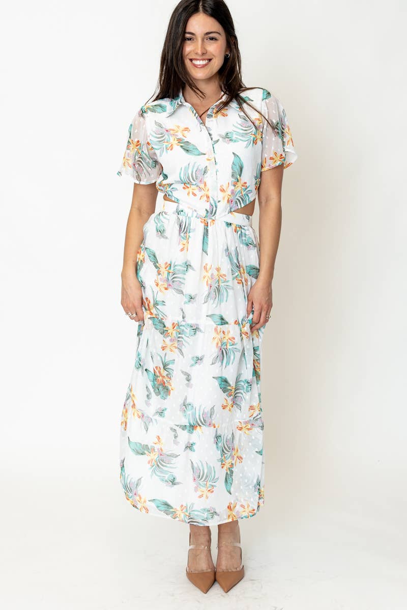 Juliette Tropical Maxi Dress with Waist Cut-Out