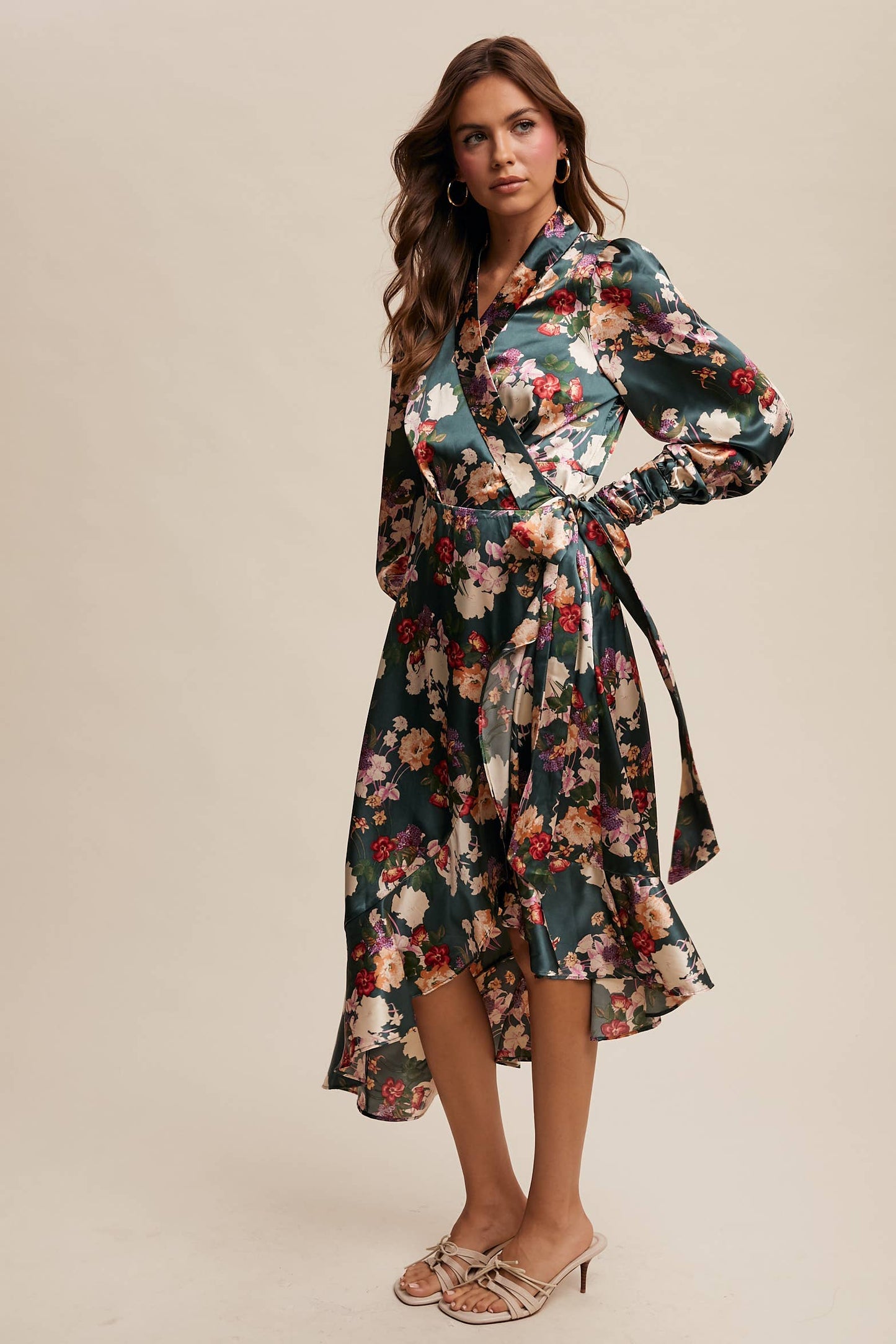 Enchanted Forest Satin Floral Wrap Midi Dress
