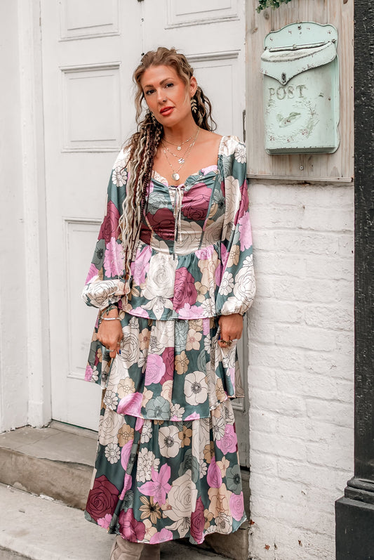 Jewel Floral Lace up tiered maxi Dress