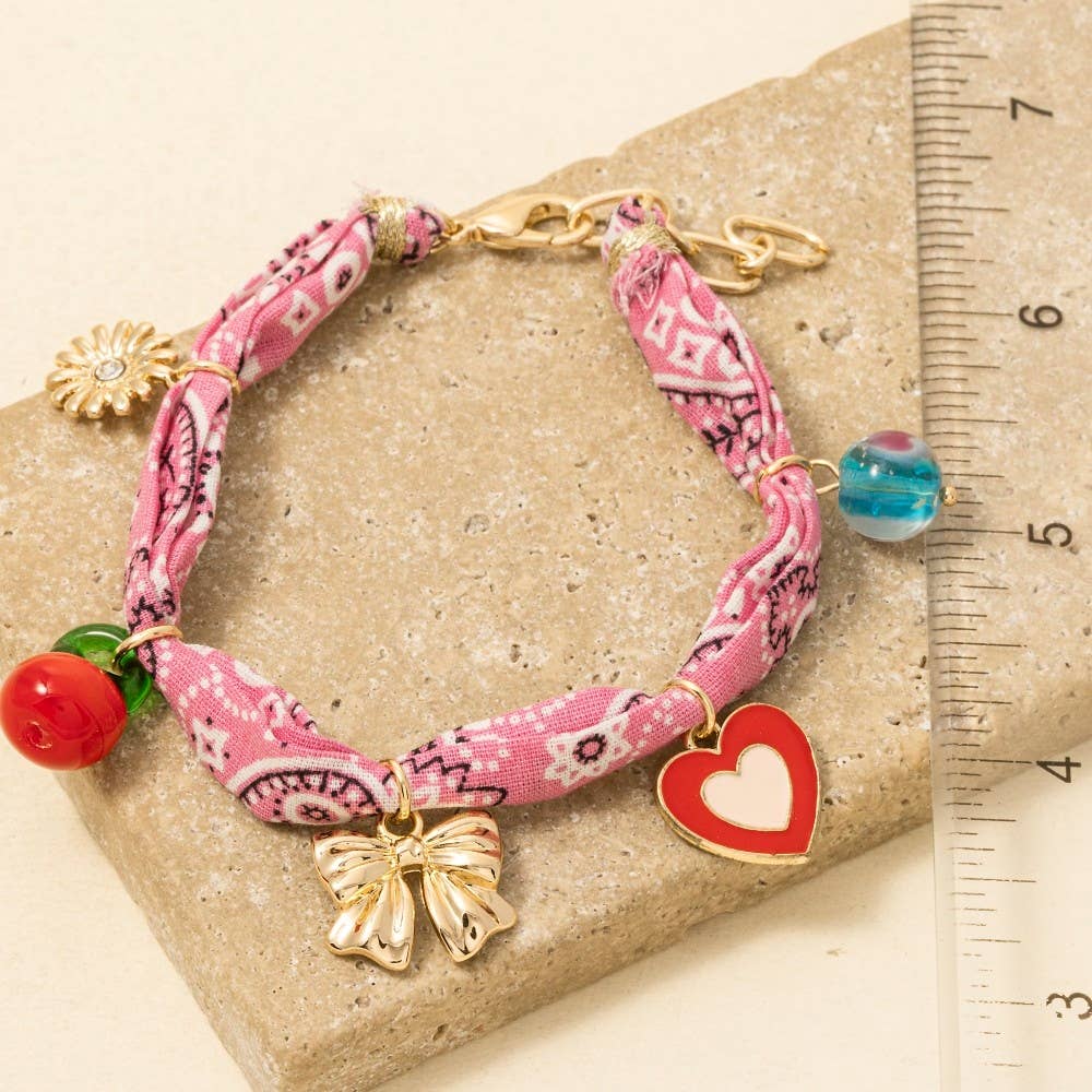 Flower Bow Heart Cherry Charms Bandana Bracelet