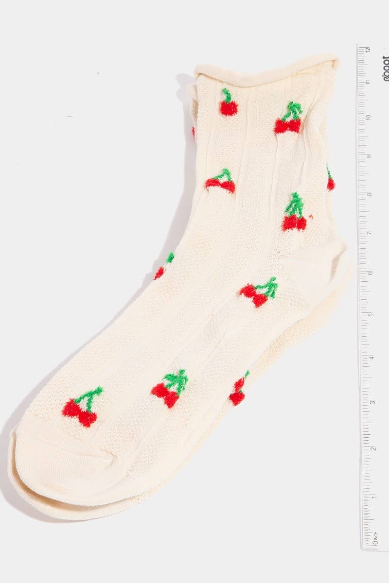 Cherry Embroidered Beige Socks