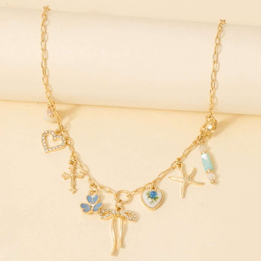 Floral Ceramic Hearts And Bow Mixed Charms Chain Necklace