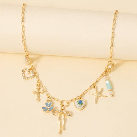 Floral Ceramic Hearts And Bow Mixed Charms Chain Necklace