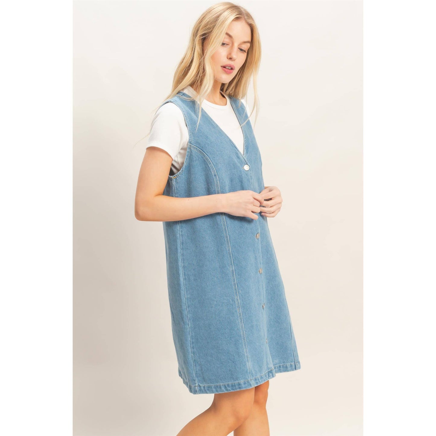 V-Neck Button-Front Denim Dress
