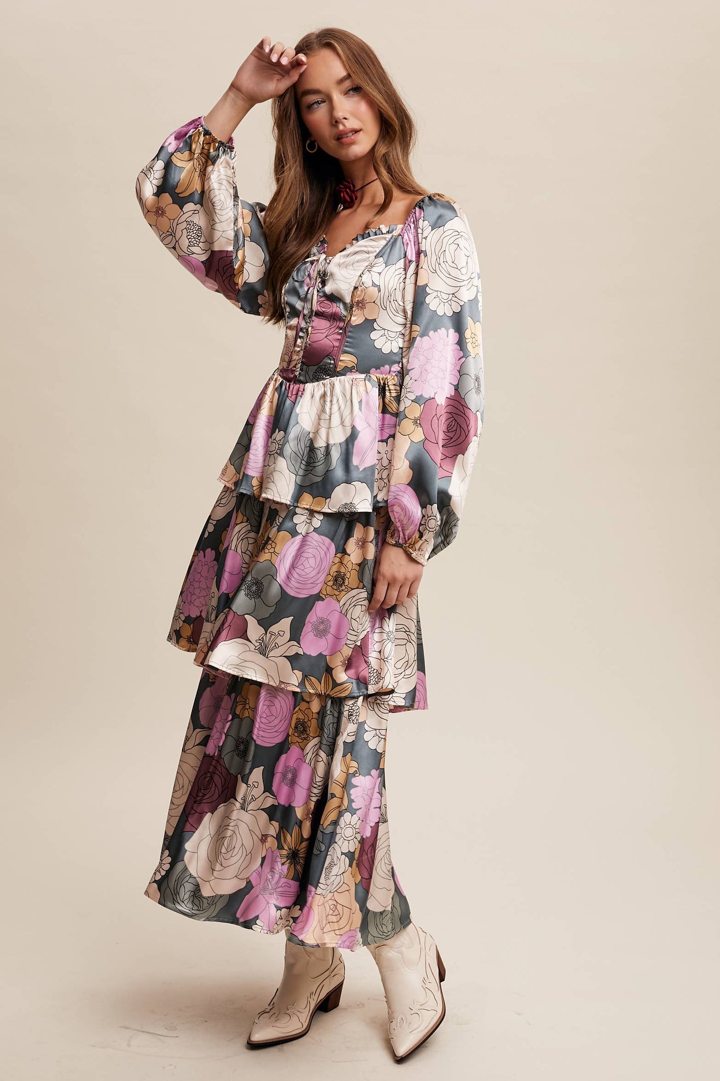 Jewel Floral Lace up tiered maxi Dress