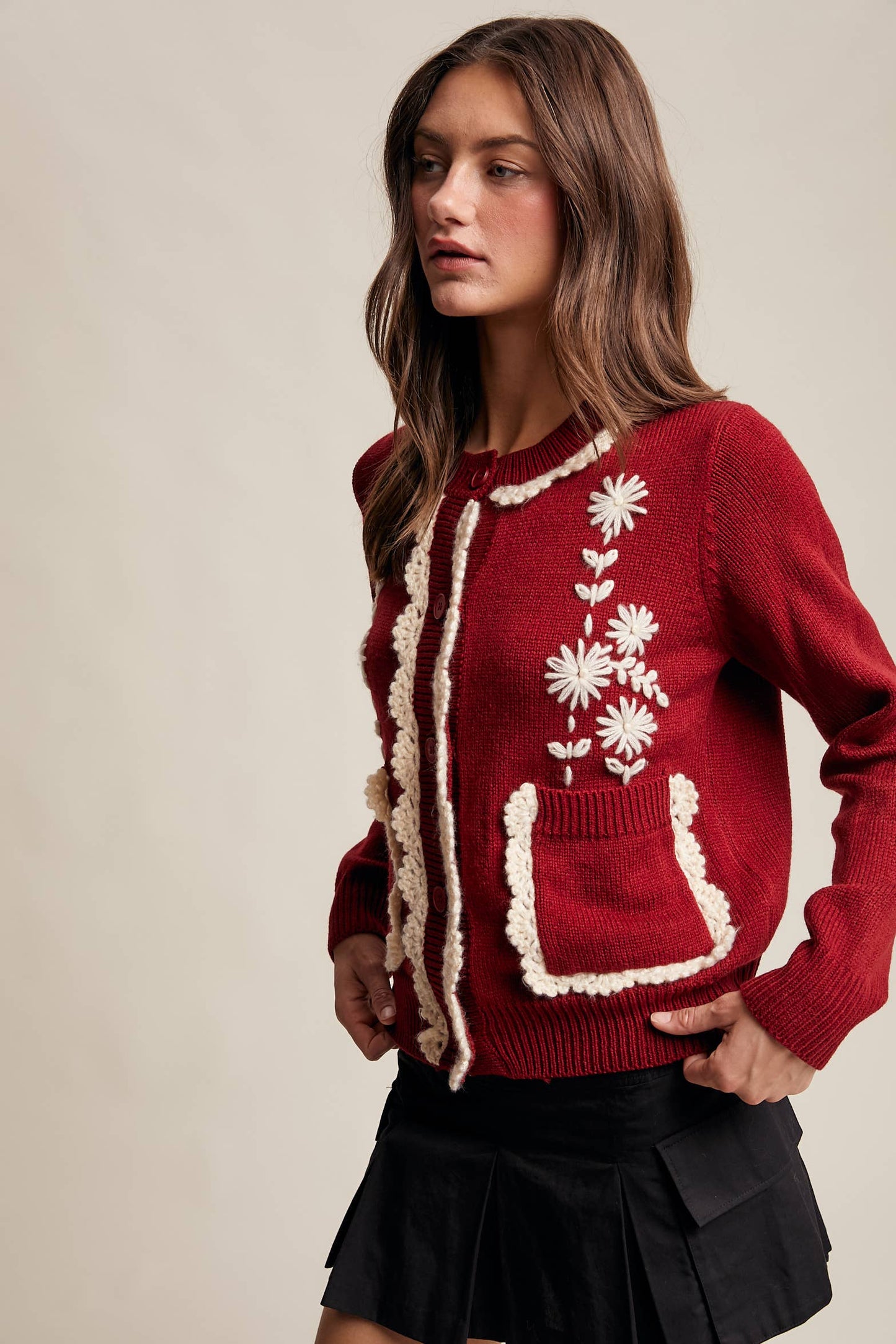 Daisy Embroidered Trim Cardigan Sweater