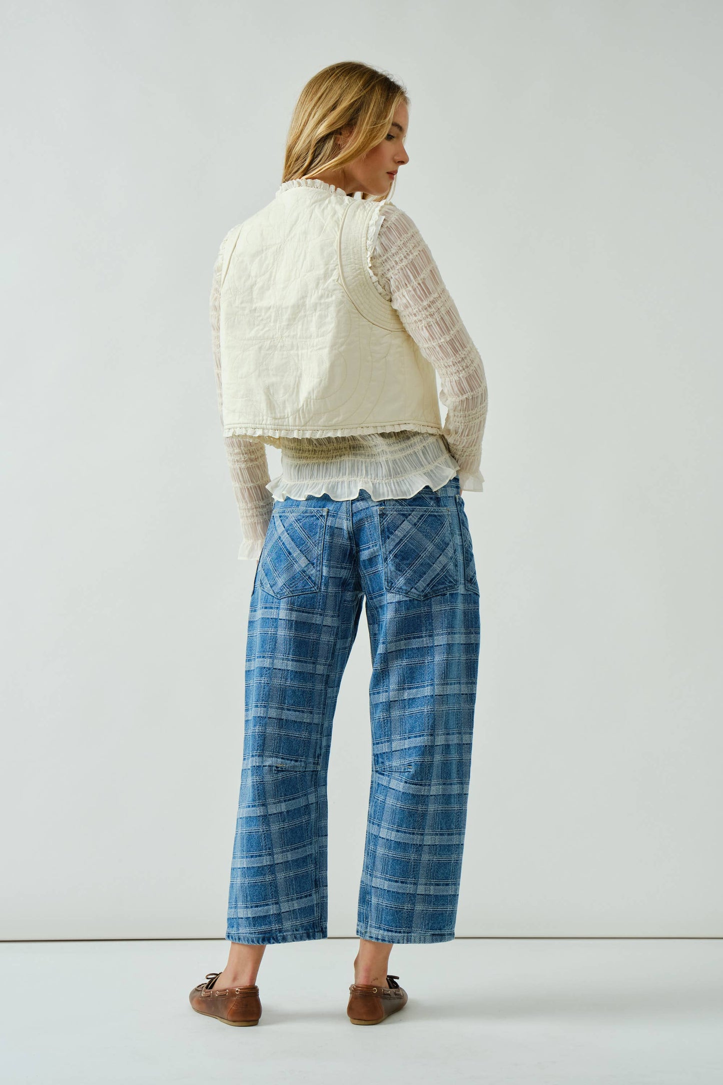 Ivy plaid semi barrel jeans with drawstring