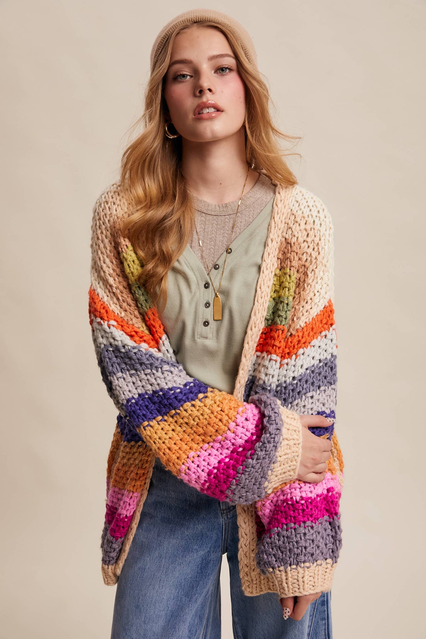 Rainbow Hand-Crochet Open oversized Cardigan