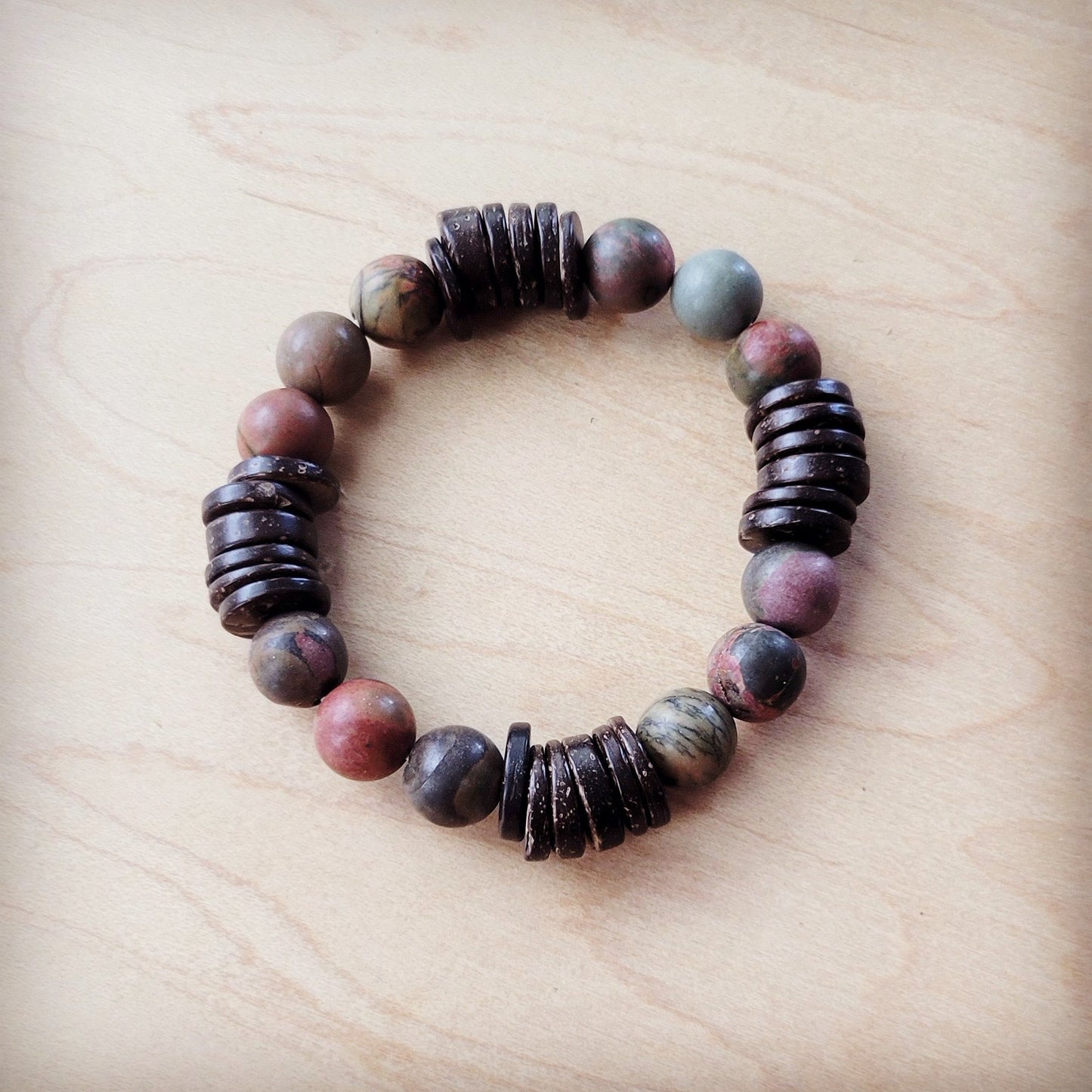 ONLINE EXCLUSIVE Genuine Picasso Jasper and Wood Stretch Bracelet 810p