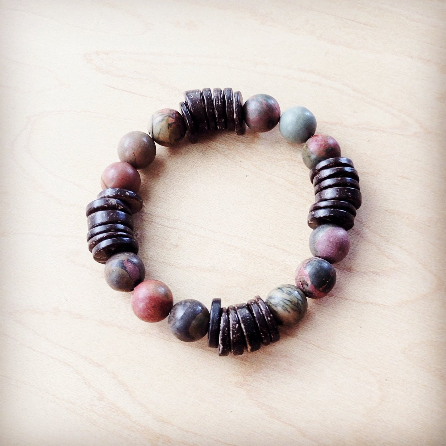 ONLINE EXCLUSIVE Genuine Picasso Jasper and Wood Stretch Bracelet 810p