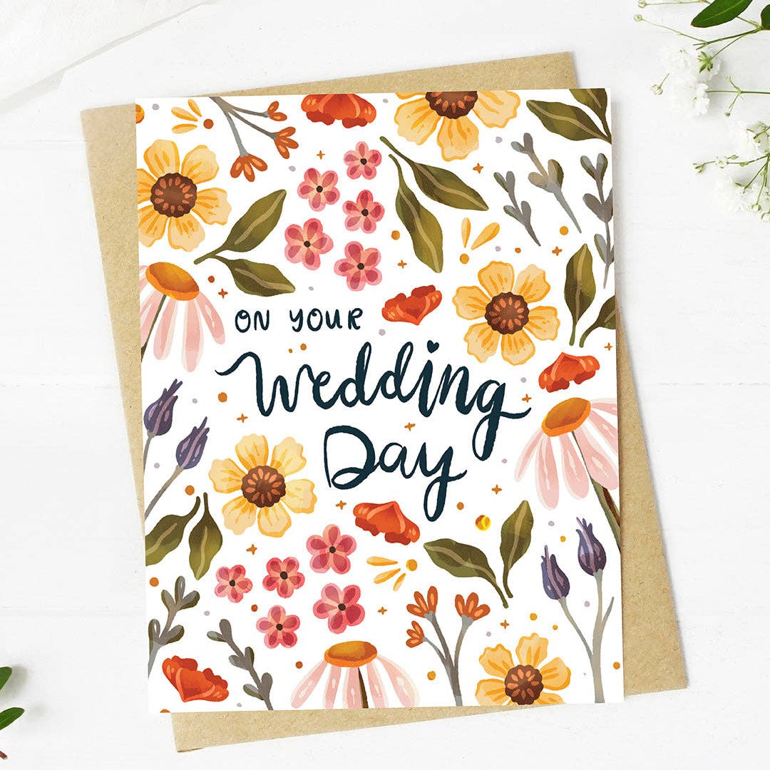 "On your wedding day" Yellow Red Floral Pattern Card