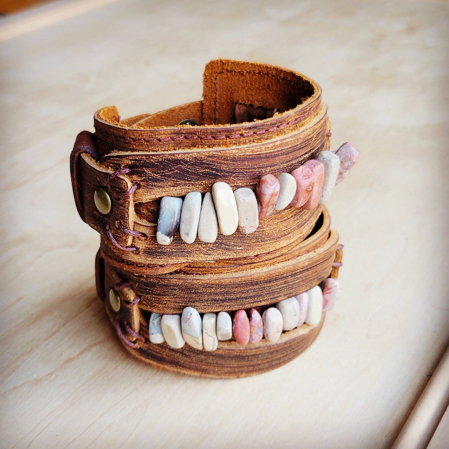 ONLINE EXCLUSIVE Genuine Leather Cuff with Aqua Terra Gemstone Chunks 005e