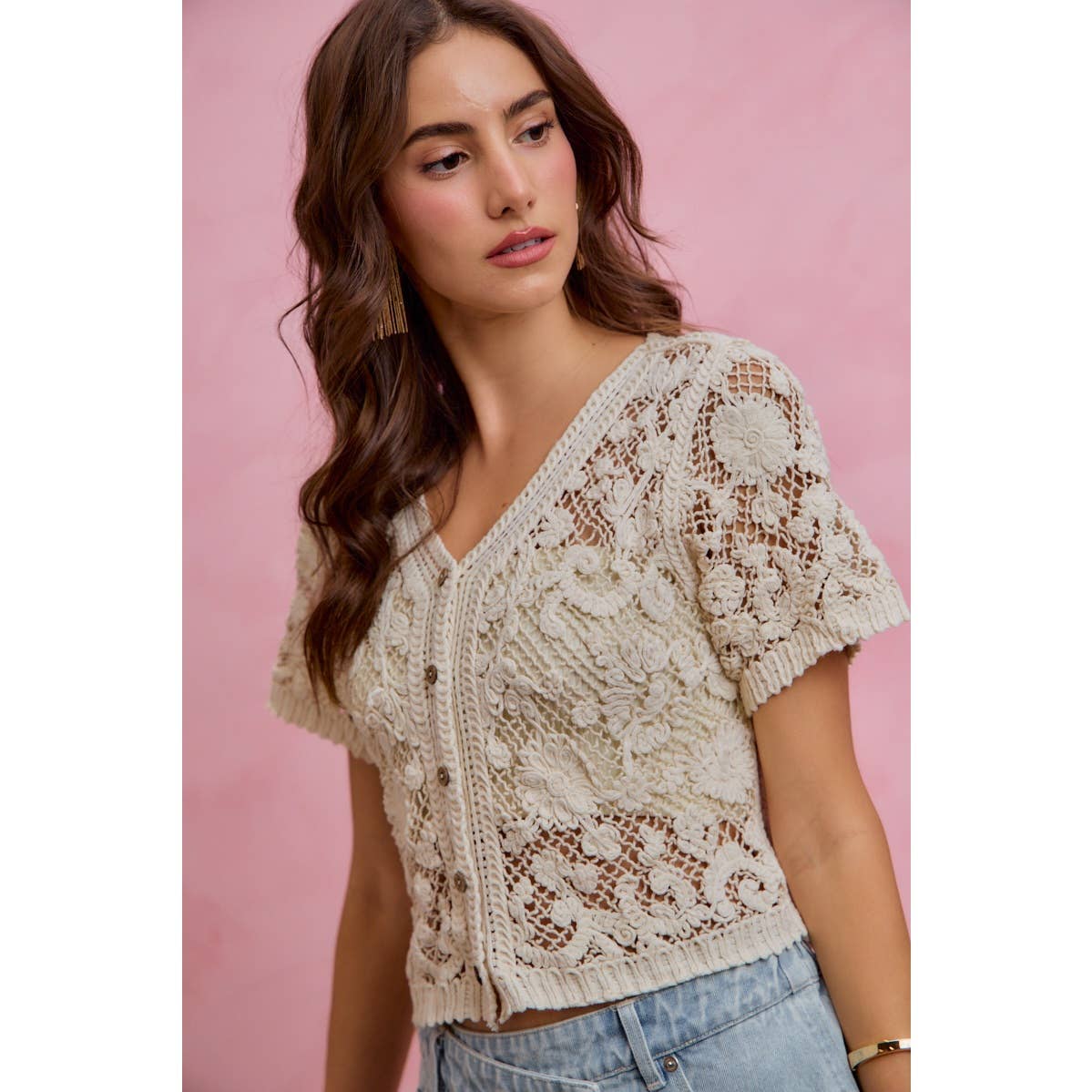Devote Floral crochet lace button down top/cardigan