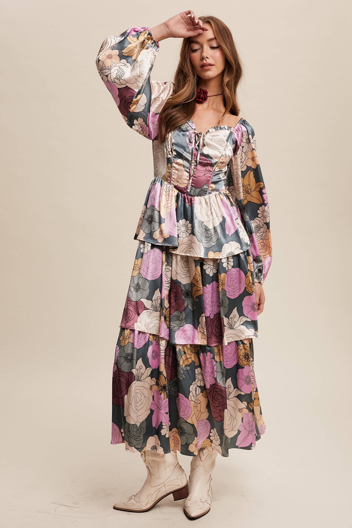 Jewel Floral Lace up tiered maxi Dress