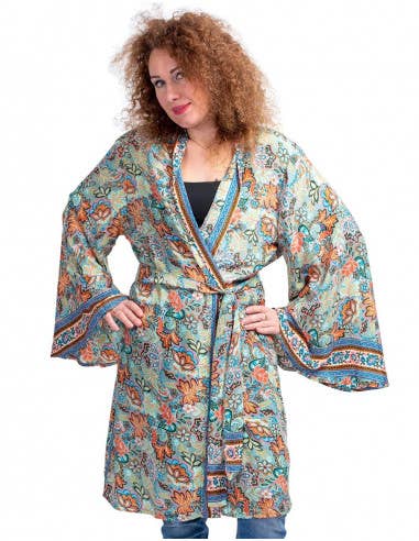 Handcrafted silk blend bell sleeve midi Kimono