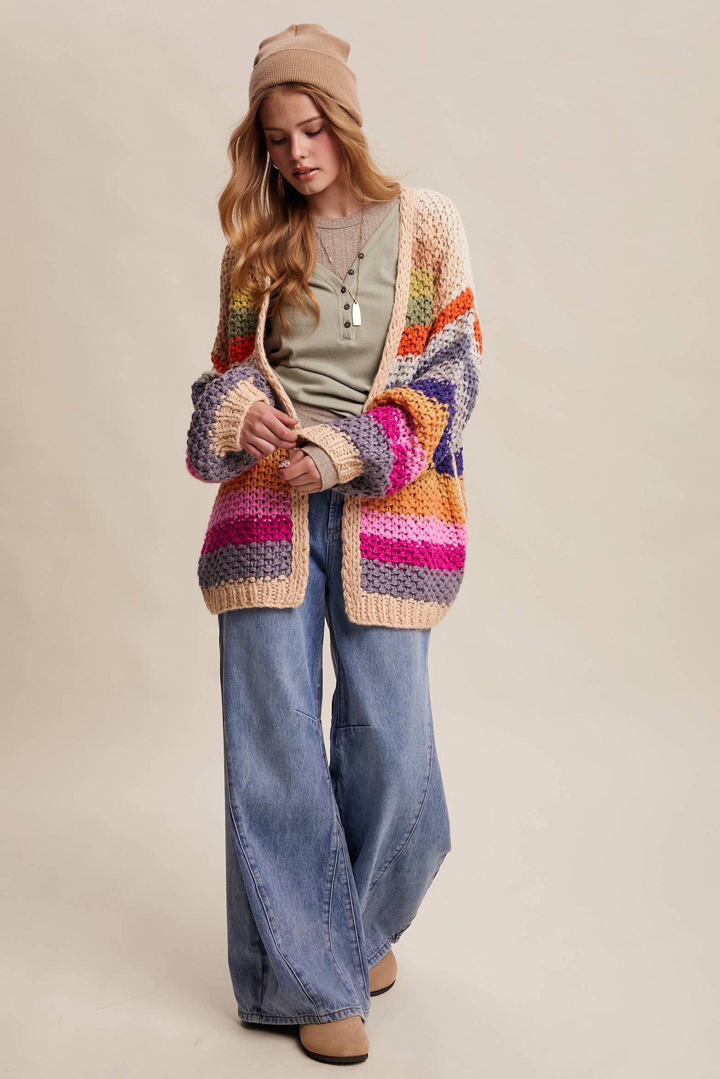 Rainbow Hand-Crochet Open oversized Cardigan