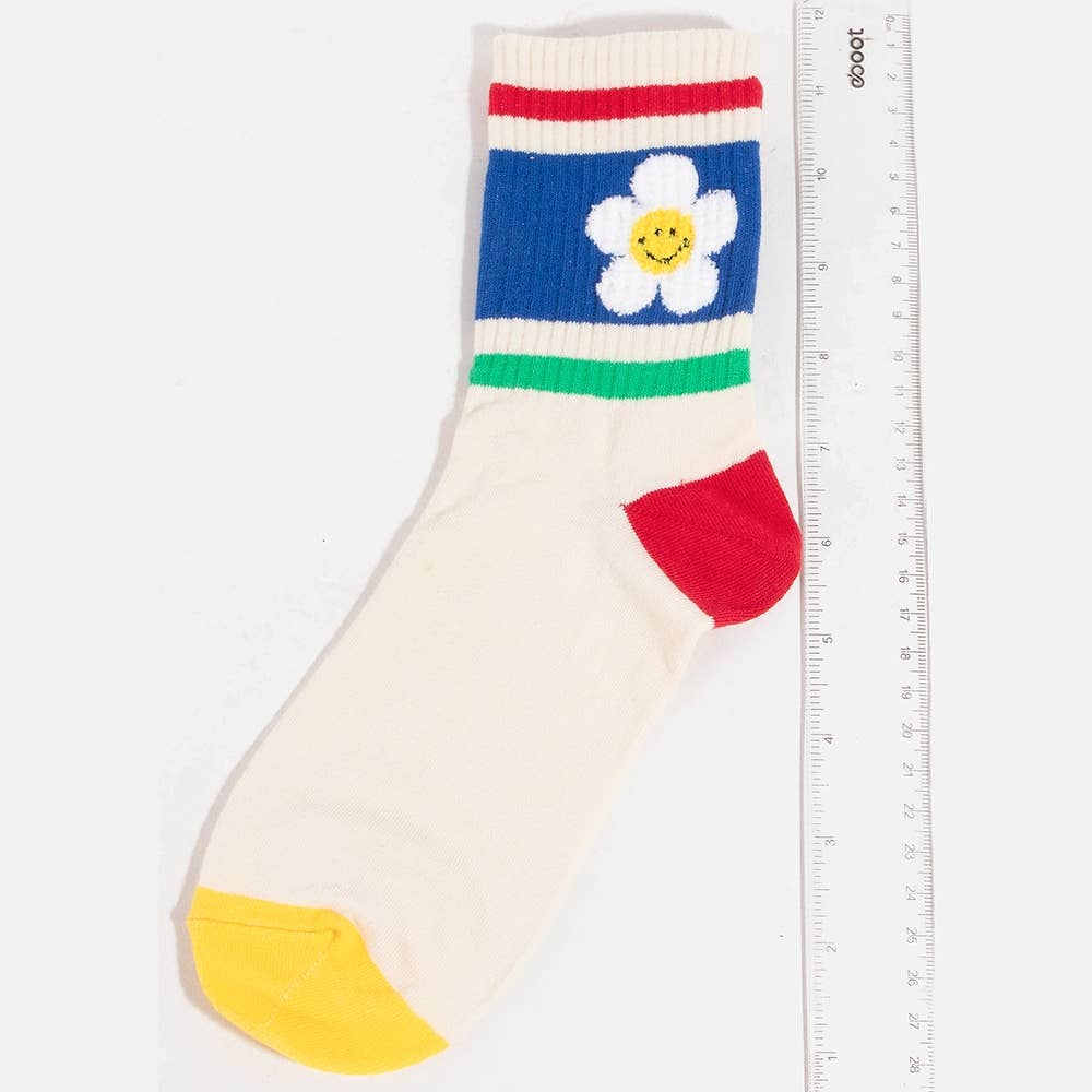 Floral Rainbow Striped Happy Face Socks