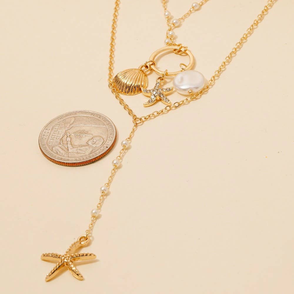 Pearl And Sea Life Charms Layered Y Chain Necklace