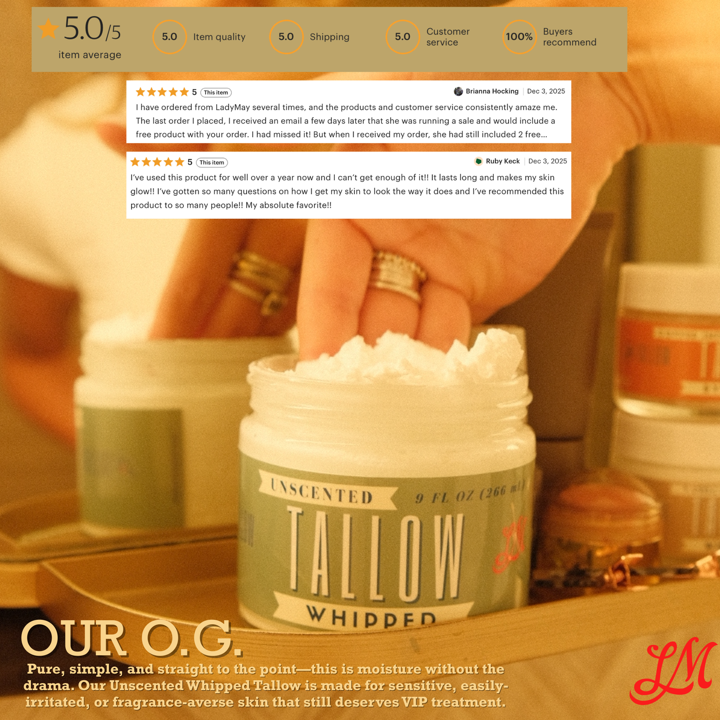 ONLINE EXCLUSIVE Unscented Whipped Tallow – All-Natural Moisturizer | Pure Beef Tallow Cream for Face & Body |Lady May Handmade, Preservative-Free Skincare