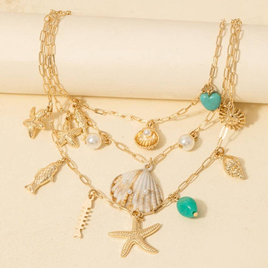 Assorted Sea Life Pearl And Stone Charms Layered Chain