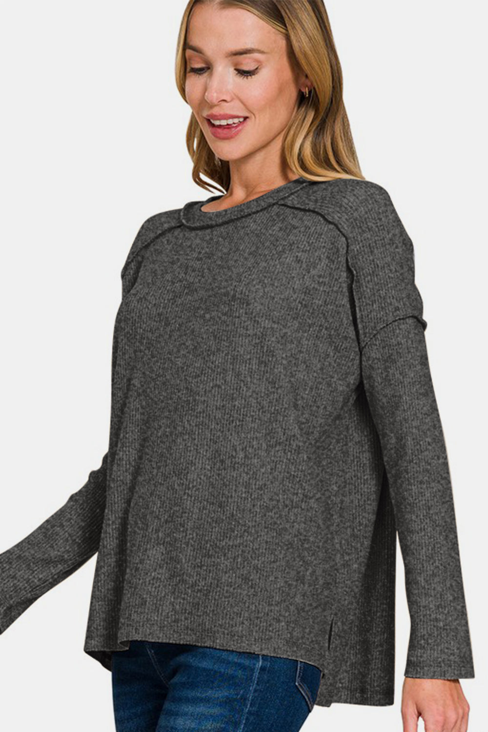 ONLINE EXCLUSIVE Zenana Exposed Seam Brushed Round Neck Sweater